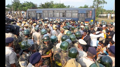 Police personnel stop protestors during their agitation demanding quota for the Panchamasali Lingayat community, in Belagavi. (PTI) Police personnel stop protestors during their agitation demanding quota for the Panchamasali Lingayat community, in Belagavi. (PTI)
