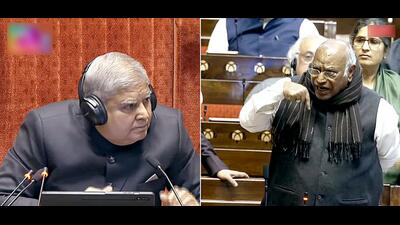 Rajya Sabha Chairman Jagdeep Dhankhar listens as Leader of the Opposition in Rajya Sabha Mallikarjun Kharge addresses the House. (ANI) Rajya Sabha Chairman Jagdeep Dhankhar listens as Leader of the Opposition in Rajya Sabha Mallikarjun Kharge addresses the House. (ANI)