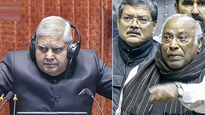 Rajya Sabha chairman Jagdeep Dhankhar conducts proceedings as LoP Mallikarjun Kharge speaks in the House during the Winter session of Parliament, in New Delhi on Friday (PTI) Rajya Sabha chairman Jagdeep Dhankhar conducts proceedings as LoP Mallikarjun Kharge speaks in the House during the Winter session of Parliament, in New Delhi on Friday (PTI)