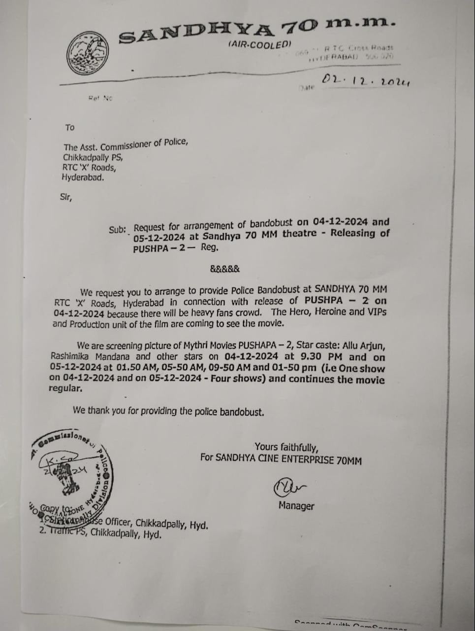 Letter by Sandhya Theatre before Pushpa 2 screening. (via HT) Letter by Sandhya Theatre before Pushpa 2 screening. (via HT)