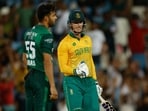 South Africa's Rassie van der Dussen (R) celebrates after winning the second T20 international cricket match between South Africa and Pakistan. (Photo by Phill Magakoe / AFP) South Africa's Rassie van der Dussen (R) celebrates after winning the second T20 international cricket match between South Africa and Pakistan. (Photo by Phill Magakoe / AFP)