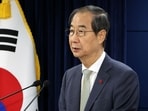 Acting South Korean President and Prime Minister Han Duck-soo delivers an address to the nation at the government complex in Seoul, South Korea on December 14.