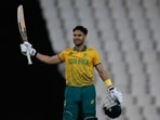 South Africa's Reeza Hendricks celebrates after scoring a century (100 runs) during the second T20I  against Pakistan at Supersport Park in Centurion