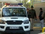 Police officials outside Delhi Public School, RK Puram, after it received bomb threat email on Saturday. 