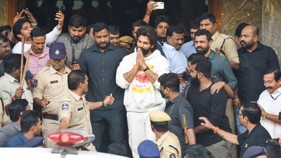 Telugu actor Allu Arjun leaves from Gandhi Hospital after a medical check-up following his arrest, in Hyderabad. (PTI)