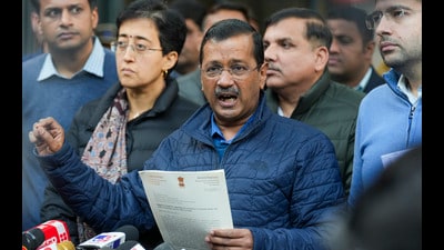 Arvind Kejriwal with party leaders in New Delhi on Wednesday. (PTI) Arvind Kejriwal with party leaders in New Delhi on Wednesday. (PTI)