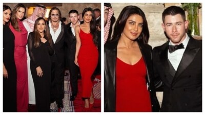 Priyanka Chopra at Red Sea Film Festival dinner with Nick Jonas and others; her red Versace dress costs over ₹2 lakh. (Instagram/Mohammed Al Turki) Priyanka Chopra at Red Sea Film Festival dinner with Nick Jonas and others; her red Versace dress costs over ₹2 lakh. (Instagram/Mohammed Al Turki)