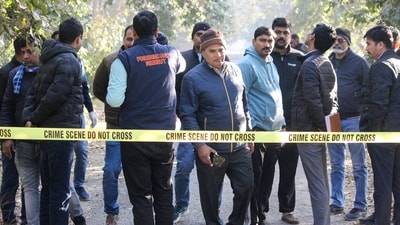 Police officials at the spot after Anil alias Sonu Matka was killed in an encounter with police in Meerut. (PTI)