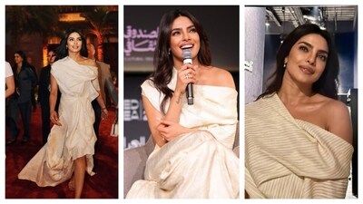 Priyanka for the next look went for a polar opposite style. While the previous one was form-fitting, this ivory dress was flowy with an asymmetrical skirt. It reminds how the actor can pull off any style. (Instagram) Priyanka for the next look went for a polar opposite style. While the previous one was form-fitting, this ivory dress was flowy with an asymmetrical skirt. It reminds how the actor can pull off any style. (Instagram)