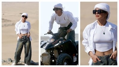 For her desert adventure, she rode dune buggy. Rocking her chic style, she looked relaxed in a wide-legged pants, crop white top and shirt. It's ideal for a day out in the sun. (Instagram) For her desert adventure, she rode dune buggy. Rocking her chic style, she looked relaxed in a wide-legged pants, crop white top and shirt. It's ideal for a day out in the sun. (Instagram)