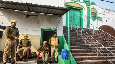 State police personnel deployed outside the Shahi Jama Masjid following religious violence in Sambhal on November 25, 2024. (Photo by AFP) State police personnel deployed outside the Shahi Jama Masjid following religious violence in Sambhal on November 25, 2024. (Photo by AFP)