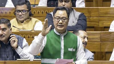 Union parliamentary affairs minister Kiren Rijiju speaks in the Lok Sabha on Saturday. (PTI) Union parliamentary affairs minister Kiren Rijiju speaks in the Lok Sabha on Saturday. (PTI)