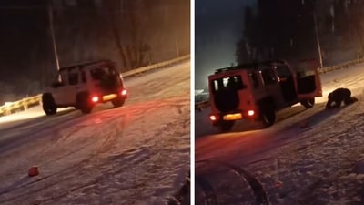 Man jumps out of moving car to escape icy road mishap. (Instagram/@nangalvasi) Man jumps out of moving car to escape icy road mishap. (Instagram/@nangalvasi)