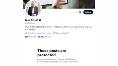 In the wake of mounting criticism, Accenture’s CEO, Julie Sweet, has locked her X profile. In the wake of mounting criticism, Accenture’s CEO, Julie Sweet, has locked her X profile.