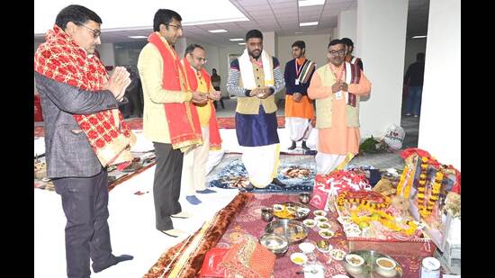 After participating in a Poojan ceremony, Anshul Garg, chief executive officer, Shri Mata Vaishno Devi Shrine Board conducted a thorough inspection of the complex. (HT Photo)