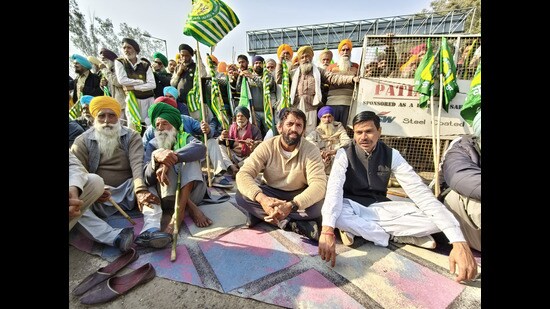All India Kisan Congress working president Bajrang Punia with farmers at Shambhu border in Patiala on Saturday. (PTI)