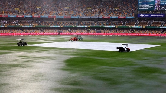 A general view of The Gabba as rain delays play on the first day of the third cricket Test match between Australia and India in Brisbane. (Photo by Patrick Hamilton / AFP) (AFP)