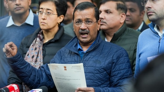 Arvind Kejriwal addresses the media in New Delhi. (PTI)