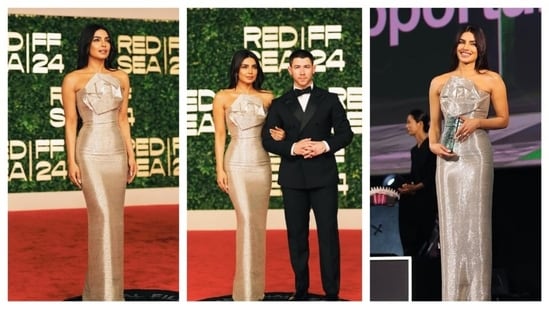 Priyanka Chopra wore a shimmery bodycon dress, showcasing her silhouette well. It's an Oscar de la Renta column gown. It had an origami rose motif on the bust, creating an interesting neckline.&nbsp;(Instagram )