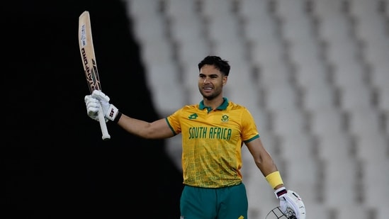 South Africa's Reeza Hendricks celebrates after scoring a century (100 runs) during the second T20I against Pakistan at Supersport Park in Centurion (AFP)