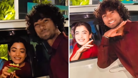 The image shows Pushpa actor Rashmika Mandanna watching her fan’s origami creation. (Instagram/@barotkabir27)