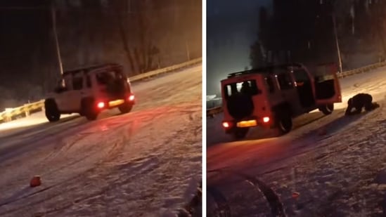 Man jumps out of moving car to escape icy road mishap. (Instagram/@nangalvasi)