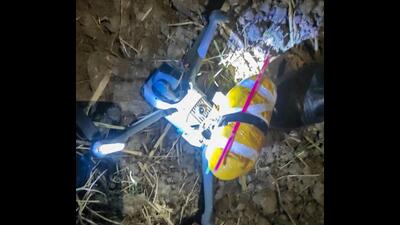 A Pakistani drone carrying nearly half a kg of narcotic substance was seized by the Border Security Force (BSF) near the India-Pakistan border at Arnia sector of Jammu on Saturday. (PTI) A Pakistani drone carrying nearly half a kg of narcotic substance was seized by the Border Security Force (BSF) near the India-Pakistan border at Arnia sector of Jammu on Saturday. (PTI)