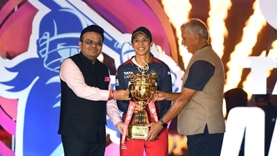 Roger Binny and Jay Shah present the WPL trophy to RCB captain Smriti Mandhana in Delhi earlier this year. (WPL) Roger Binny and Jay Shah present the WPL trophy to RCB captain Smriti Mandhana in Delhi earlier this year. (WPL)