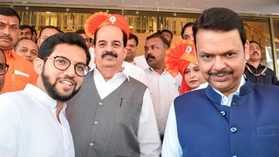 Maharashtra Chief Minister Devendra Fadnavis and Shiv Sena (Uddhav Balasaheb Thackeray) MLA Aaditya Thackeray during day 1 of the special session of the Maharashtra Legislative Assembly. (ANI) Maharashtra Chief Minister Devendra Fadnavis and Shiv Sena (Uddhav Balasaheb Thackeray) MLA Aaditya Thackeray during day 1 of the special session of the Maharashtra Legislative Assembly. (ANI)
