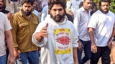Allu Arjun arrives to speak with the media at his residence after he was released from the jail, in Hyderabad, Saturday. (PTI Photo) Allu Arjun arrives to speak with the media at his residence after he was released from the jail, in Hyderabad, Saturday. (PTI Photo)