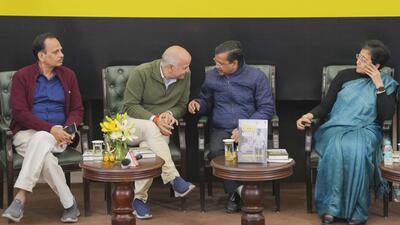 Delhi chief minister Atishi with AAP National Convener Arvind Kejriwal and party leaders Satyendra Jain and Manish Sisodia during the release of the latter’s book titled 'The Delhi Model’, in New Delhi, on Sunday. (PTI) Delhi chief minister Atishi with AAP National Convener Arvind Kejriwal and party leaders Satyendra Jain and Manish Sisodia during the release of the latter’s book titled 'The Delhi Model’, in New Delhi, on Sunday. (PTI)