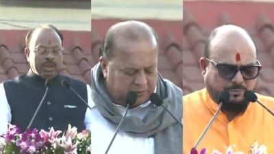 (L-R): BJP's Chandrashekhar Bawankule, NCP's Hasan Mushrif and Shiv Sena's Gulabrao Patil take oath as cabinet ministers at the Raj Bhvan in Nagpur. (ANI/X) (L-R): BJP's Chandrashekhar Bawankule, NCP's Hasan Mushrif and Shiv Sena's Gulabrao Patil take oath as cabinet ministers at the Raj Bhvan in Nagpur. (ANI/X)
