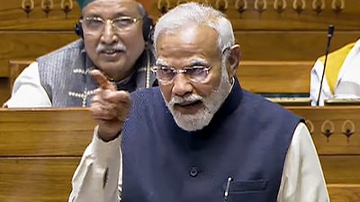 **EDS: VIDEO GRAB VIA SANSAD TV** New Delhi: Prime Minister Narendra Modi speaks in the Lok Sabha during the discussion on the 'glorious journey of 75 years of the India Constitution', in the ongoing Winter session of Parliament, in New Delhi, Saturday, Dec. 14, 2024. (PTI Photo) (PTI12_14_2024_000378B) (PTI)