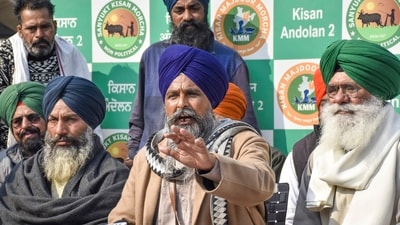 Farmer leader Sarwan Singh Pandher addresses a press conference at Shambhu border, in Patiala district, Punjab, Sunday, Dec. 15, 2024. (PTI) Farmer leader Sarwan Singh Pandher addresses a press conference at Shambhu border, in Patiala district, Punjab, Sunday, Dec. 15, 2024. (PTI)