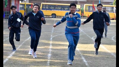 Sprinters in action during the Special State Olympics at Guru Nanak Public School in Ludhiana on Sunday. (Manish/HT)