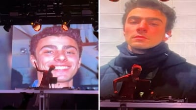 Screenshots from a video capturing a DJ displaying Luigi Mangione’s during a concert. (Screengrab: X/@rawsalerts) Screenshots from a video capturing a DJ displaying Luigi Mangione’s during a concert. (Screengrab: X/@rawsalerts)