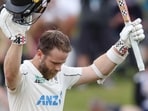 Kane Williamson celebrates a century on day three of the third cricket Test match between New Zealand and England at Seddon Park in Hamilton.