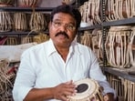 Mumbai: Haridas Vhatkar who used to make 'tabla' for Ustad Zakir Hussian, at his workshop in Mumbai on Monday. Mumbai: Haridas Vhatkar who used to make 'tabla' for Ustad Zakir Hussian, at his workshop in Mumbai on Monday.
