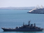 (Representational image) A Russian Navy amphibious landing ship that was deployed to transport cars across the Kerch Strait, moves near the Crimean Bridge, a section of which was damaged by an alleged overnight attack, as seen from the city of Kerch, Crimea.