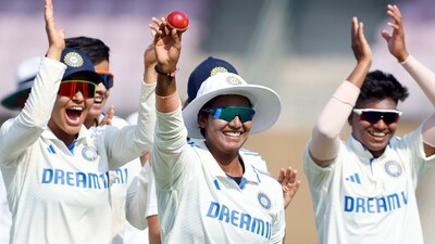 Deepti Sharma and teammates celebrate her five-wicket haul during India's Test match against England Women in Mumbai (BCCI Women-X) Deepti Sharma and teammates celebrate her five-wicket haul during India's Test match against England Women in Mumbai (BCCI Women-X)