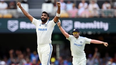 India's Jasprit Bumrah celebrates the dismissal of Australia's Nathan McSweeney during Day 2 of the third Test match, at the Gabba Stadium in Brisbane on Sunday. (BCCI- X) India's Jasprit Bumrah celebrates the dismissal of Australia's Nathan McSweeney during Day 2 of the third Test match, at the Gabba Stadium in Brisbane on Sunday. (BCCI- X)