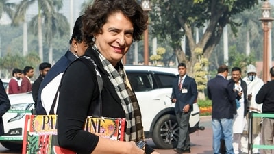 Priyanka Gandhi Vadra's handbag carried the word "Palestine" and Palestinian emblems, (PTI) Priyanka Gandhi Vadra's handbag carried the word "Palestine" and Palestinian emblems, (PTI)