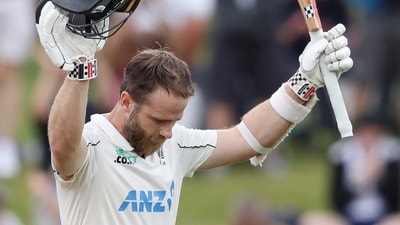 Kane Williamson celebrates a century on day three of the third cricket Test match between New Zealand and England at Seddon Park in Hamilton. (AFP) Kane Williamson celebrates a century on day three of the third cricket Test match between New Zealand and England at Seddon Park in Hamilton. (AFP)