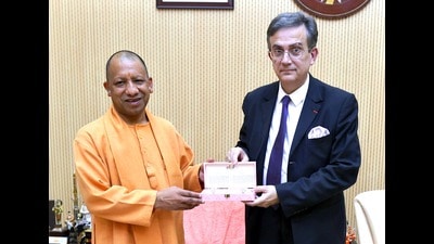 French ambassador Thierry Mathou, accompanied by a delegation, met chief minister Yogi Adityanath on Monday in Lucknow. (HT ) French ambassador Thierry Mathou, accompanied by a delegation, met chief minister Yogi Adityanath on Monday in Lucknow. (HT )