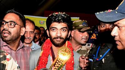 India’s new world chess champion D Gukesh arrives in Chennai to a warm welcome at the airport on Monday. (ANI) India’s new world chess champion D Gukesh arrives in Chennai to a warm welcome at the airport on Monday. (ANI)