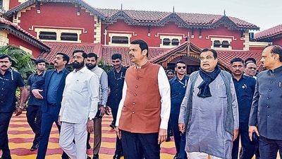 Nagpur, Dec 15 (ANI): Maharashtra Chief Minister Devendra Fadnavis, Deputy Chief Ministers Eknath Shinde, Ajit Pawar and Union Minister of Roads, Transport and Highways Nitin Gadkari at Raj Bhavan for the state cabinet swearing-in ceremony, in Nagpur on Sunday. (ANI Photo) (Nitin Gadkari-X) Nagpur, Dec 15 (ANI): Maharashtra Chief Minister Devendra Fadnavis, Deputy Chief Ministers Eknath Shinde, Ajit Pawar and Union Minister of Roads, Transport and Highways Nitin Gadkari at Raj Bhavan for the state cabinet swearing-in ceremony, in Nagpur on Sunday. (ANI Photo) (Nitin Gadkari-X)