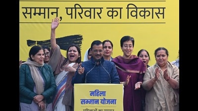 New Delhi, India - Dec. 12, 2024: Aam Aadmi Party National Convener Arvind Kejriwal Announces ₹2,100 Per Month For Women Ahead Of Delhi Assembly Polls during a function at AAP Headquarters in the presence of Delhi CM Atishi , in New Delhi, India, on Thursday, December 12, 2024. (Photo by Vipin Kumar/ Hindustan Times) (Hindustan Times) New Delhi, India - Dec. 12, 2024: Aam Aadmi Party National Convener Arvind Kejriwal Announces ₹2,100 Per Month For Women Ahead Of Delhi Assembly Polls during a function at AAP Headquarters in the presence of Delhi CM Atishi , in New Delhi, India, on Thursday, December 12, 2024. (Photo by Vipin Kumar/ Hindustan Times) (Hindustan Times)