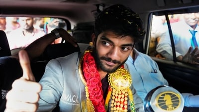 Chennai: World's youngest Chess Champion Gukesh Dommaraju upon his arrival at the airport, in Chennai. (PTI) Chennai: World's youngest Chess Champion Gukesh Dommaraju upon his arrival at the airport, in Chennai. (PTI)