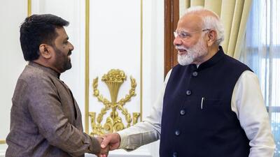 Prime Minister Narendra Modi and Sri Lankan President Anura Kumara Dissanayake meet at Hyderabad House in New Delhi on Monday. (Narendra Modi - X)