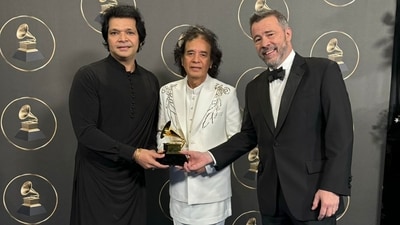 Ustad Zakir Hussain posed for a photo with Rakesh Chaurasia, and Edgar Meyer. Ustad Zakir Hussain posed for a photo with Rakesh Chaurasia, and Edgar Meyer.